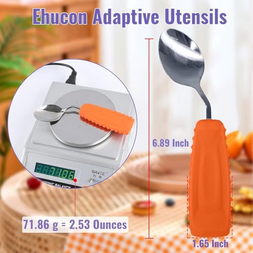 Image of Adaptive Utensils Angled Spoon and Fork for Hand Tremors Parkinsons,Weighted Utensils with Non-Slip Easy Grip Handles for Independent Eating (1pcs Spoon+1pcs Fork=2 pcs,Orange,Right Hand)