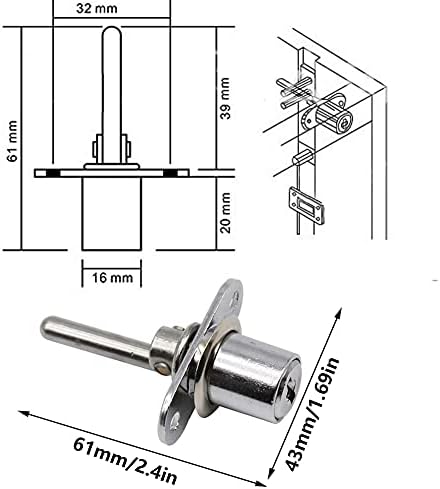 CL-Lin 2 Piece Drawer Lock Silver Plunger Lock with Key for Filing Cabinets Wardrobe Display Cabinet Furniture, Diameter 16 mm, Length 61 mm (Key Different)