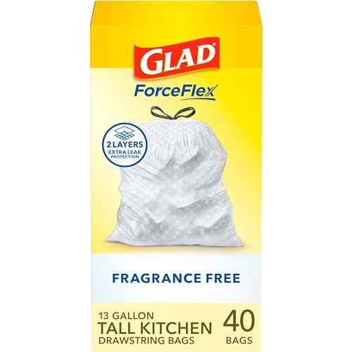 Glad ForceFlex Tall Kitchen Drawstring Trash Bags, 13 Gal, Fragrance Free, 40 Ct (Package May Vary)