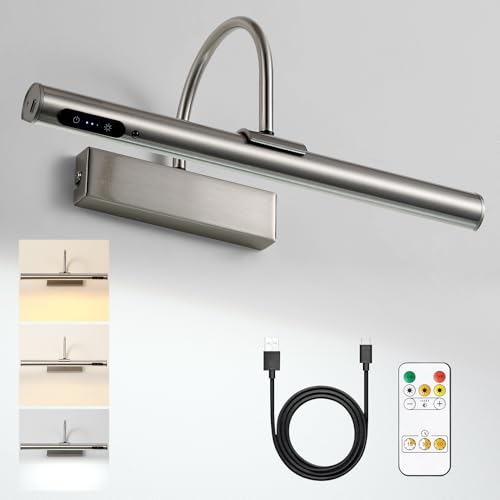 HARPER LIVING Lampada da parete ricaricabile in nichel satinato, alimentata a batteria, controllo touch e telecomando, dimmerabile, 3 temperature di colore, magnetica e senza fili, per galleria
