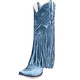 SHE.White Damen Quasten Biker Boots mit Spitzem Zehenbereich Ankle Boots Cowgirl Cowboy Stiefel Westernstiefel mit Blockabsatz Vintage Römische Kurz Stiefeletten Winterschuhe