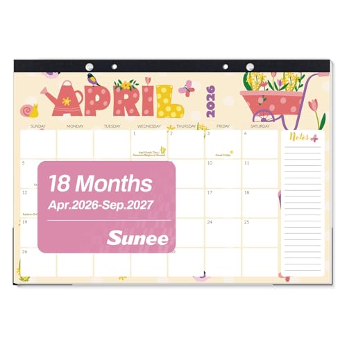 SUNEE Desk Calendar 2026 17x12 18 Months Apr. 2026 to Sep. 2027 Academic Calendar 2026-2027 School Year Large Desktop Calendar Monthly for Teacher Cute with Note