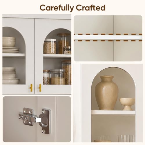 Image of ivaniti 71 inch Farmhouse Kitchen Pantry Cabinet Set of 4 with Arched Glass Doors, White Freestanding Coffee Bar Hutch with Microwave Stand and Adjustable Shelves for Kitchen