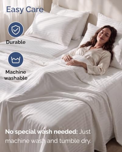 Image of Split King 7 Piece Bed Sheet Set - Breathable & Cooling - Striped White