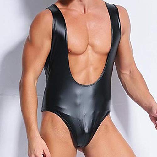 Sukoma Men's Tummy Control Bodysuit Comfort Imitation Leather One-Piece Shapewear Stage Performance Wrestling Leotard Black,X-Large #TOP4