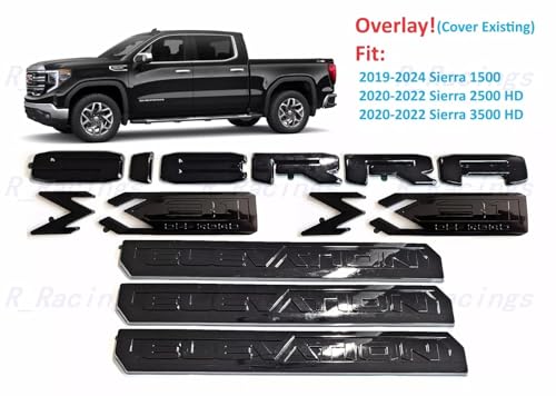 Image of 6Pc Elevation Sierra Bed X31 Emblem Door Tailgate 3DBadge Nameplate Replacement for 2019-2023 Gen Sierra 1500 (Overlay Emblem Gloss Black)