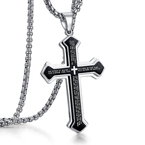 Rehoboth Men's Stainless Steel Nail Lord's Prayer Cross Pendant Necklace for Men Women Big Pendant and Strong Chain 24