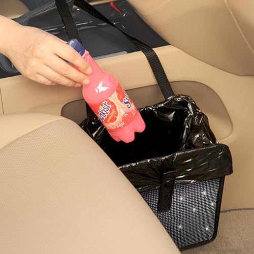 Image of BELOMI Car Foldable Trash Can, Bling Rhinestone Crystal Auto Hanging Waterproof Leakproof Garbage Bin, Vehicle Waste Basket Dustbin, Multipurpose Car Organizer Accessories for SUV Truck RV (Blue)