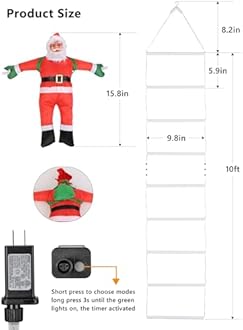 Christmas Decorations LED Ladder Lights with Climbing Santa Claus, 10ft Outdoor Christmas Decorative Lights - 8 Modes Xmas Lights Tree for Home Holiday Wall Window Xmas Decor (Warm White)