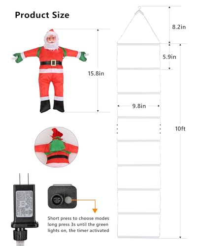Christmas Decorations LED Ladder Lights with Climbing Santa Claus, 10ft Outdoor Christmas Decorative Lights - 8 Modes Xmas Lights Tree for Home Holiday Wall Window Xmas Decor (Warm White)