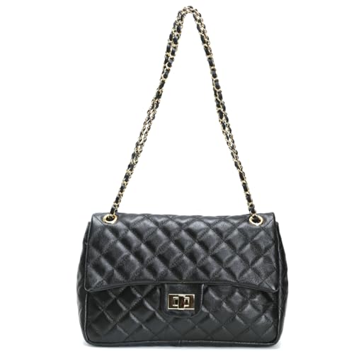 Bolsa Feminina Couro Legitimo Matelassê Grande (Preto c/Dourado, Grande)
