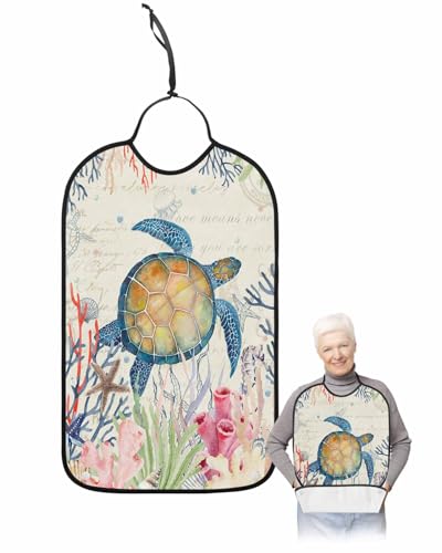 LEOKOTI Sea Turtle Adult Bibs for Eating, Waterproof Bibs with Food Catcher & Adjustable Snap Closure, Retro Coral Summer Beach Nautical Coastal Washable Clothing Protectors Adult Bibs for Elderly