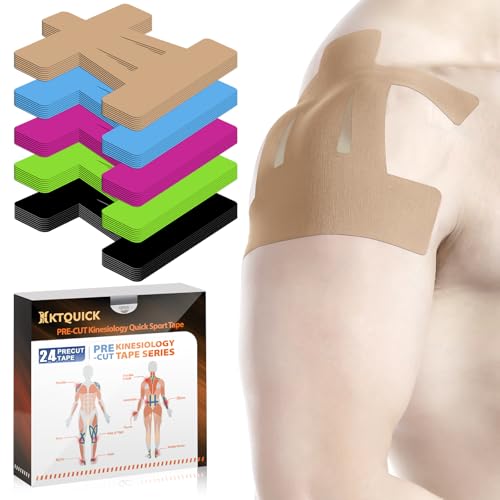 Kinesiology Tape for Shoulder Precut, 24 PCS Shoulder Tape for Pain Relief, KTQUICK Original Cotton Waterproof & Breathable, Enhance Elastic Sports Tape for Pain Support and Muscle Sports, Beige