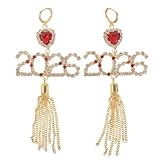 VANZACK Pendientes Colgantes Largos Mujer Cristal de Corazón y Borlas Metálicas, Pendientes de Gemas de Imitación Dorados para Celebración Año 2026, Joyería Festiva Elegante