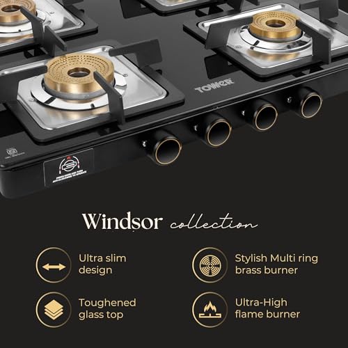 Image of Tower Gas Stove 4 Burner Glass Brass Valves Lpg Black