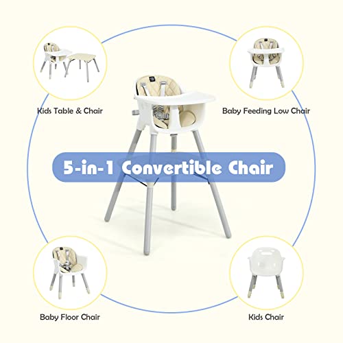 HONEY JOY 5-in-1 High Chair, Convertible Highchair for Babies and Toddlers/Kids Chair Table Set/Infant Feeding Chair w/Safety Harness, PU Leather Cushion & Removable Food Tray (Beige)