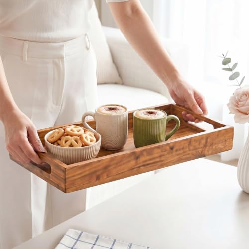 Image of Nestasia Wooden Serving Tray with Handles (41x16cm) - Acacia Wood Rectangular Brown Tray for Dining & Coffee Table | Platter for Serving Tea, Cakes, Snacks, Breakfast & Home Decor (Warm Honey-Brown)