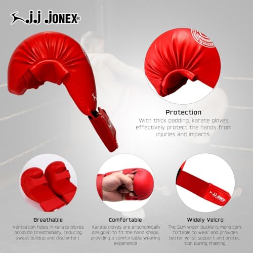 Image of Jonex JJ Moulded Karate Glove, Punching Bag Gloves for Training, Foam Padding, Elastic Hook & Loop Wrap Around Strap, Gloves for Better Protection | PU Shell | Foam Padding | Red |