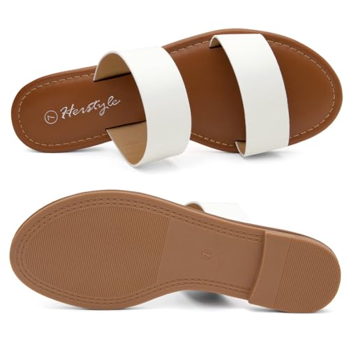 Image of Herstyle Flat Sandals for Women, Double Strap Slide Sandals, Open Toe Slip On, Comfortable Cushioned Footbed Casual Summer Shoes for Daily Wear, Beach, Vacation, Clear Options