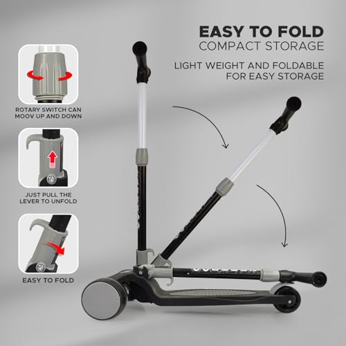 Image of NHR 3-Wheel Kick Scooter for Kids with Adjustable Height, Smart Tilt-to-Steer Balance Control, Heavy Duty PU Wheels & Rear Foot Brake (Black)
