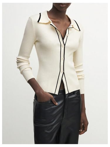 Image of GORGLITTER Women's Contrast Trim Button Down Sweater Cardigan Long Sleeve Collar Rib Knit Tops