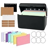 Scatola per Indice Nero, 14,5 x 8 x 9 cm, Set di Flashcards con Scatola, Porta Flashcards per Indice Piccola, Include 230 Fogli Colorati 15 Registri 6 Anelli 6 Adesivi, per Studio, Lavoro e Appunti