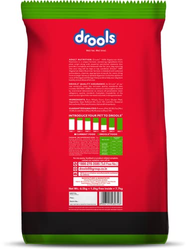 Image of Drools 100% Vegetarian Kibble Adult Dog Food, 6.5Kg(+1.2Kg Extra Free Inside) , Total 7.7 Kg