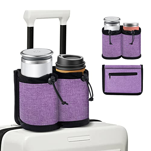 Image of Luggage Cup Holder Travel Essentials Cup Holder, Hands-Free Drink Holder with 2 Coffee Mugs Tightening Drawstring, Accessory for Flying & Travelers - Travel Luggage Accessories by YSCEN (Purple)