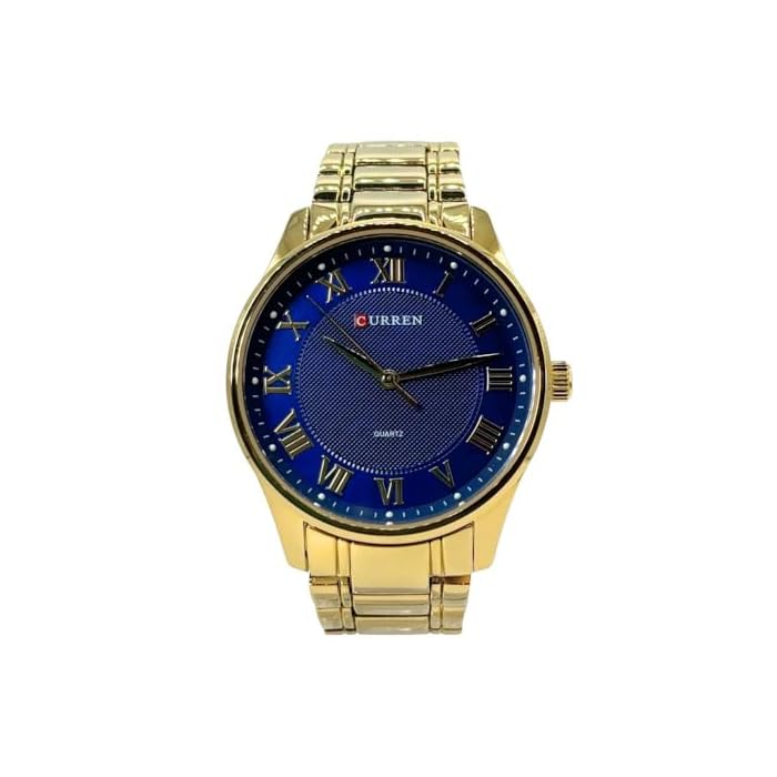 CURREN 8409. Reloj de Cuarzo clásico de Caballero con Correa de Acero Inoxidable Dorado y Esfera Azul con números Romanos - Imagen 2