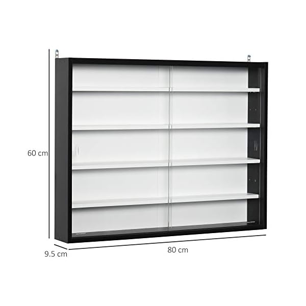 HOMCOM 5-Tier Wall Display Shelf Unit Cabinet w/ 4 Adjustable Shelves Glass Doors Home Office Ornaments 60x80cm Black/White - Image 5