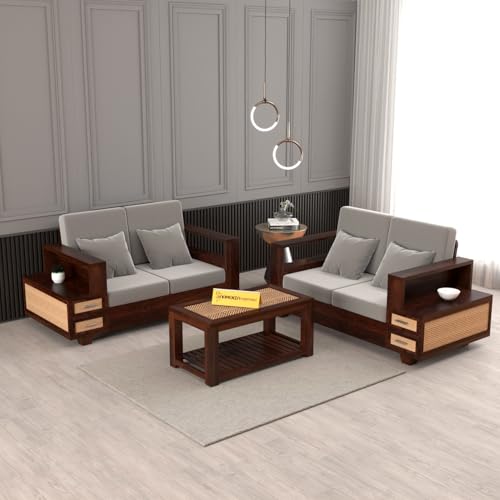 Image of Sheesham Wood 4 Seater Sofa Set with 2 Drawer Storage | 2+2 Wooden Sofa Set Furniture for Living Room Home Office (Natural Cane,Walnut Finish)