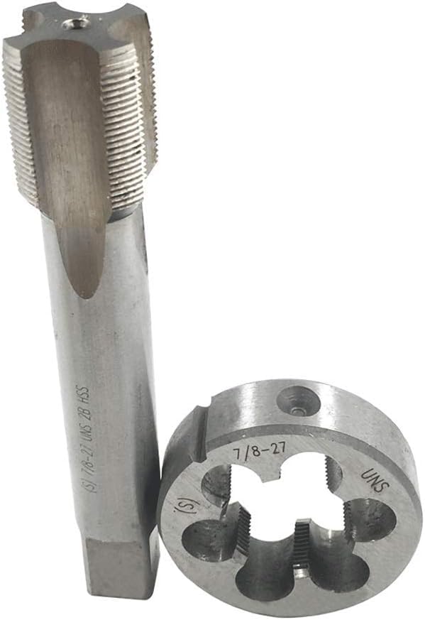 Hunricho 7/8”-16 7/8”-18 7/8”-20 7/8”-24 7/8”-27 7/8”-28 7/8”-32 UNS UN UNEF HSS Tap and Die Set，UNEF Machine Thread Tap and UNS Round Thread Die Right Hand (7/8”-27 UNS)