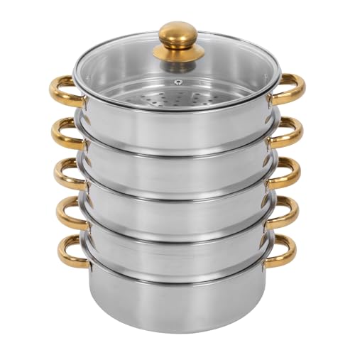 QuatoLuilo Vaporera de 5 niveles, acero inoxidable con mango dorado, gran capacidad, 1,32 galones, olla inferior de 1,32 galones, calentamiento uniforme, retiene nutrientes, perfecto para cocinar con