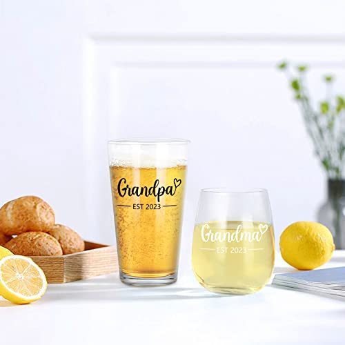 Modwnfy Unique Grandparents Gift, Grandma & Grandpa Est 2023 Stemless Wine Glass & Beer Glass Set For Grandma Grandpa Mom Dad, Ideal Gift For Christmas Valentines Father's Day Mother's Day #TOP1
