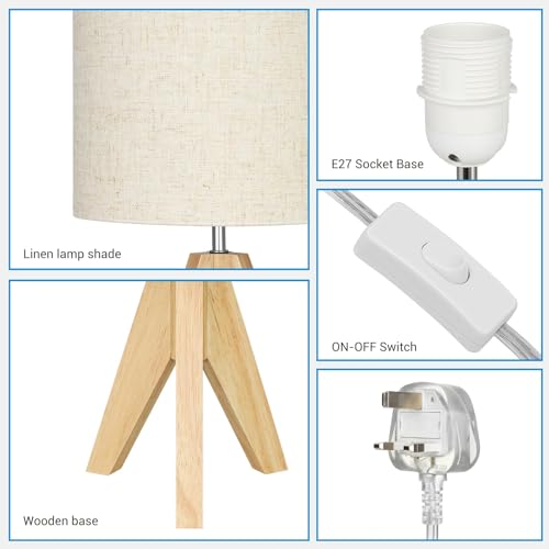EDISHINE 36cm Wood Bedside Table Lamp, Tripod Desk Lamp with Beige Linen Lampshade, On-Off Switch, Desk Lamps for Reading, Bedroom, Living Room, Study, Office, E27 Base - Cosy Home Interiors EDISHINE 36cm Wood Bedside Table Lamp, Tripod Desk Lamp with Beige Linen Lampshade, On-Off Switch, Desk Lamps for Reading, Bedroom, Living Room, Study, Office, E27 Base - Image 6