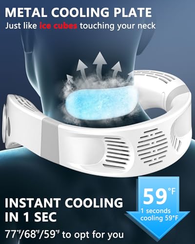 Neck Fan Air Conditioner,Personal Cooling Device,Neck Air Conditioner Portable Neck AC Rechargeable Battery Powered,Mini Silent Headphones Round Leafless Necklace Fan for Women Men Adults Kids White