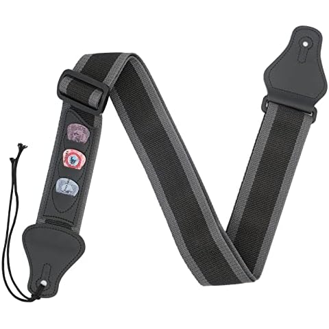 MOCK ST breathable Woven Guitar Strap with Leather Ends and Pick Holders (Gray Edge) Cover