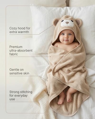 Image of MINIBOO Hooded Baby Towels for Newborn - Super Soft Baby Bath Towels with Hood, Highly Absorbent Viscose Made from Bamboo Hooded Towel for Infant, Toddler and Kids, Baby Essentials