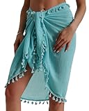 Eicolorte Beach Sarong Pareo Womens Semi-Sheer Swimwear Cover Ups Short Skirt with Tassels (skyblue-short)