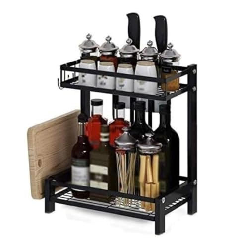 Stainless Steel Kitchen Spice Rack with Knife Holder & Cutting Board Stand, 2-Tier Countertop Storage Shelf, Kitchen Counter Space Saver, & Stylish Design