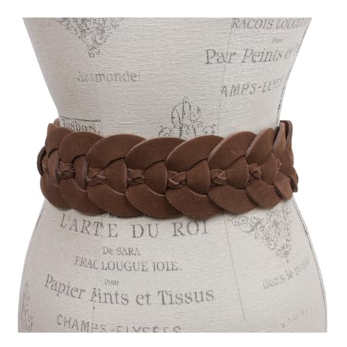 Women's 3" Wide Cow Suede Round disc Braided Waist Belt with Round Buckle3
