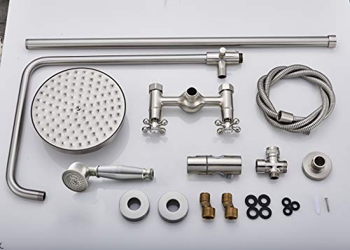 Rozin Bathroom 2 Cross Knobs Mixer Shower Combo Set 8-inch Rainfall Shower Head with Handheld Spray Brushed Nickel