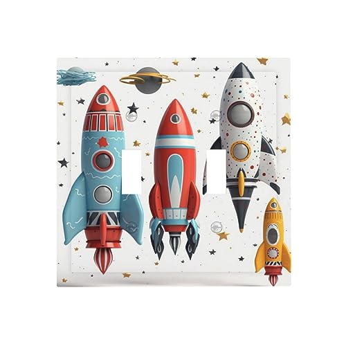 Cartoon Rockets Print Light Switch Cover Double Toggle Outlet Cover Wall Plate Cover For Bathroom Bedroom Office Home Decor