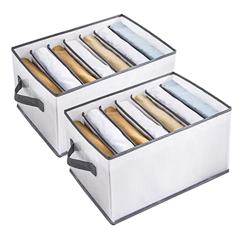 Mamowla 7 Compartments Wardrobe Clothes Organiser with Handle,Pack 2,Closet Foldable Storage Box with 7 Divided Grids, Drawer Collapsible Organize for Pants, Denim, Trousers, Sweatshirt, Hoodie