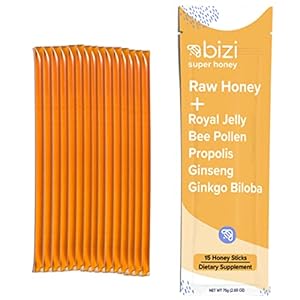 Bizi Royal Jelly Honey with Bee Propolis, Bee Pollen, Ginseng, and Ginkgo Biloba (15 single sticks) – alternative to…
