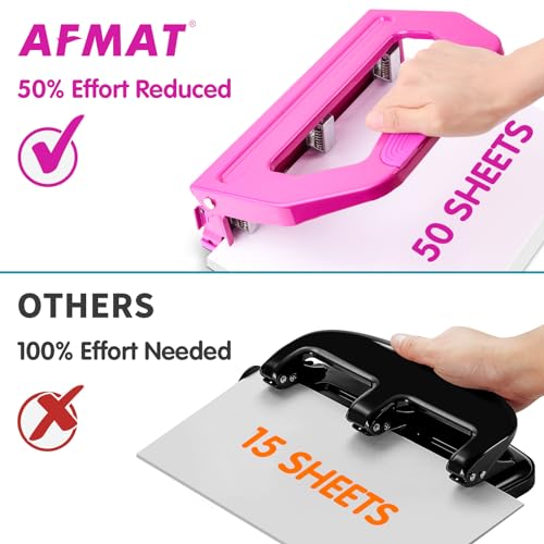 Image of AFMAT 3 Hole Punch Heavy Duty, 9 /32 inch Holes, 50-Sheet Hole Puncher 3 Ring, 50% Reduced Effort, Adjustable Two & Three Hole Punch, Metal Paper Puncher w /Large Chip Tray, Metal Paper Guide, HP18
