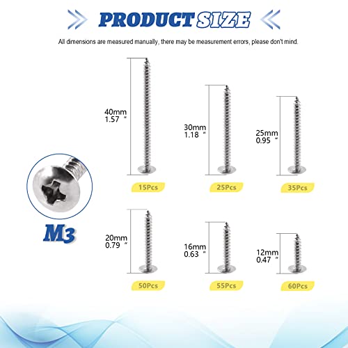 Glarks 240Pcs M3x12mm/16mm/20mm/25mm/30mm/40mm 304 Stainless Steel Phillips Truss Head Sheet Metal Tek Screws Assortment Kit - Image 2