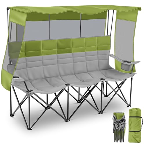 Teenyyou 3 Person Camping Chair with Canopy Shade -Oversized Beach Chair with UV Sun Protection, 700lbs Heavy Duty Foldable Loveseat with 2 Cup Holder & Storage for Beach Lawn Outdoor(Green and Grey)