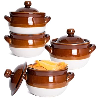 Vuma French Onion Soup Bowls with Lids and Handles, 22 oz Ceramic Soup Crocks for Chilli, Cereal, Pot Pies - French Onion Soup Crocks, Oven, Broil & Dishwasher Safe, Set of 4