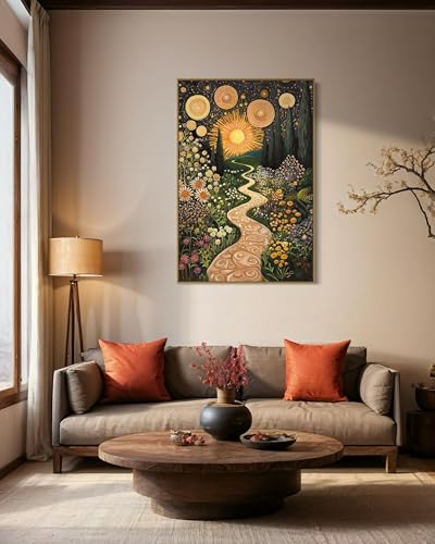 Peinture sur toile prairie fleurs sauvages art mural salon style Klimt